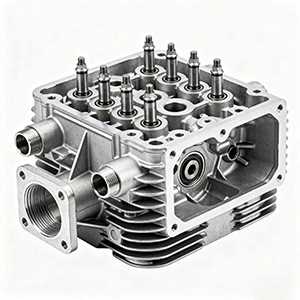 CNC machined aluminum cylinder head with detailed features and smooth surface.
