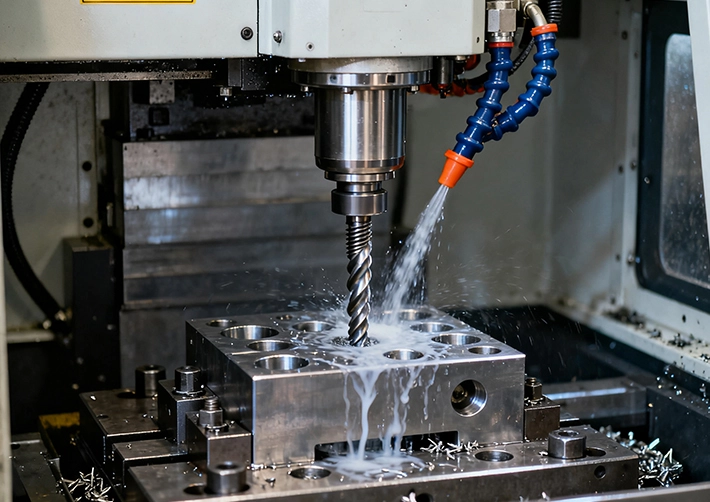 CNC milling machine machining a precision carbon steel component