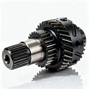 Carburized geared shaft with hardened surface for improved strength.