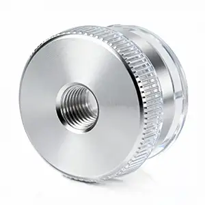 Knurled CNC machined dial with clear anodized finish for improved wear resistance.