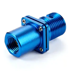 Blue color anodized CNC adapter with corrosion-resistant finish and precision threading.