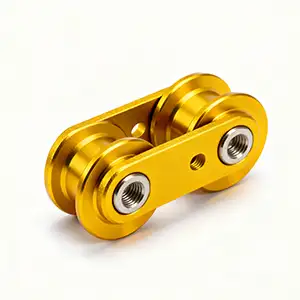 Golden color anodized CNC link with smooth finish and enhanced strength.