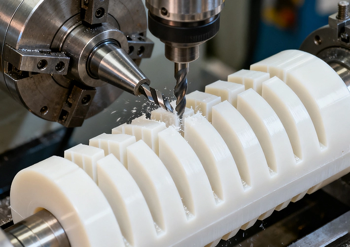 Delrin 3/4/5-axis CNC milling with O-flute cutters and vacuum fixturing