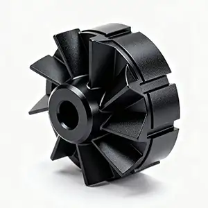 Hard anodized CNC impeller with durable black surface for high-performance applications.