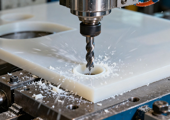 HDPE CNC machining overview with O-flute tooling and air blast