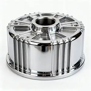 Nickel-plated CNC motor housing with a smooth, reflective finish.