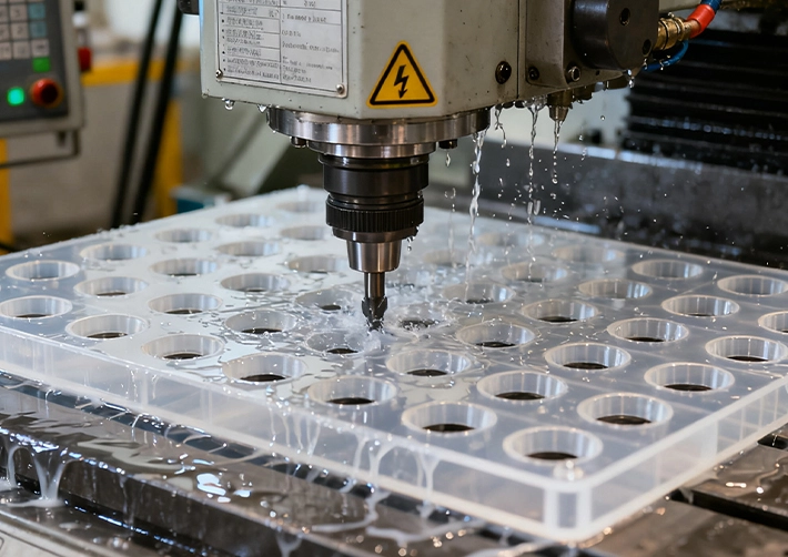 Polycarbonate CNC machining with polished cutters and air blast