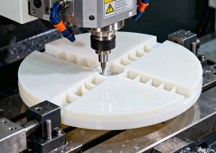 PP 3/4/5-axis CNC milling with vacuum fixturing and O-flute tools