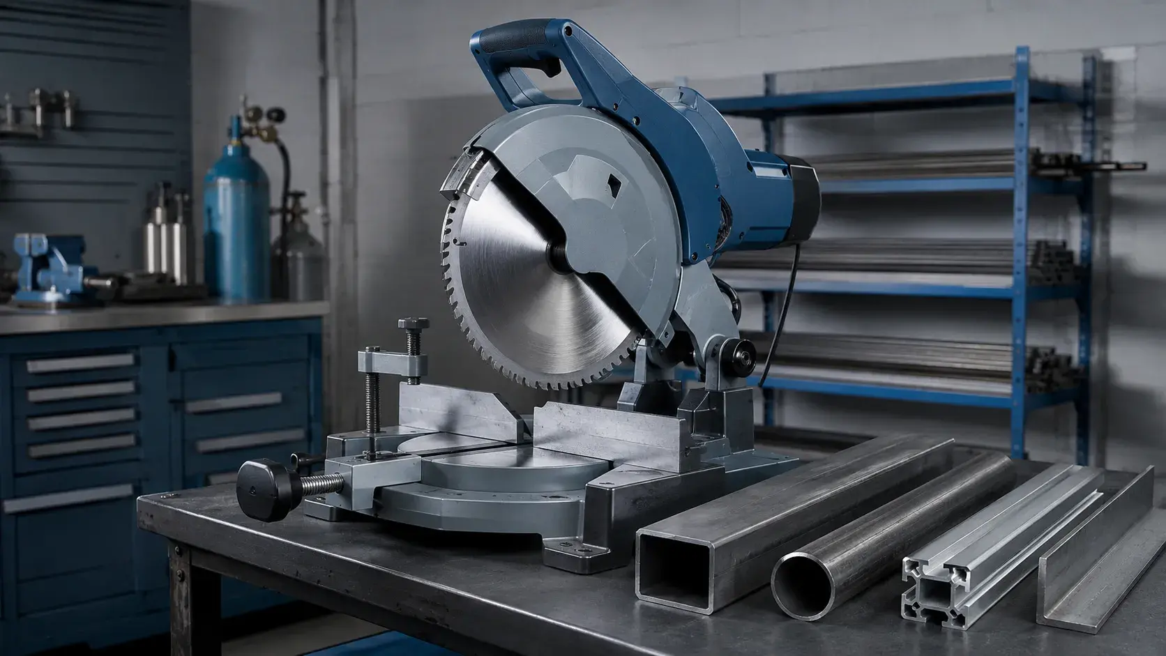 10 inch metal cutting blade mounted on a miter saw