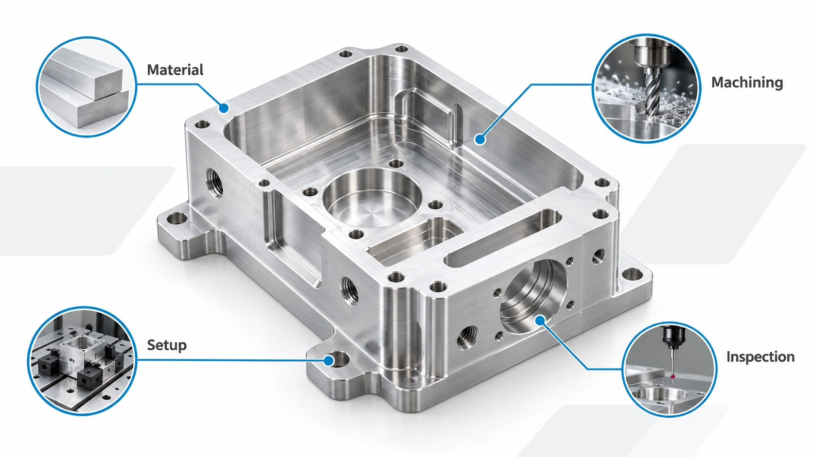 CNC milling cost illustration showing a precision aluminum housing and major manufacturing cost factors