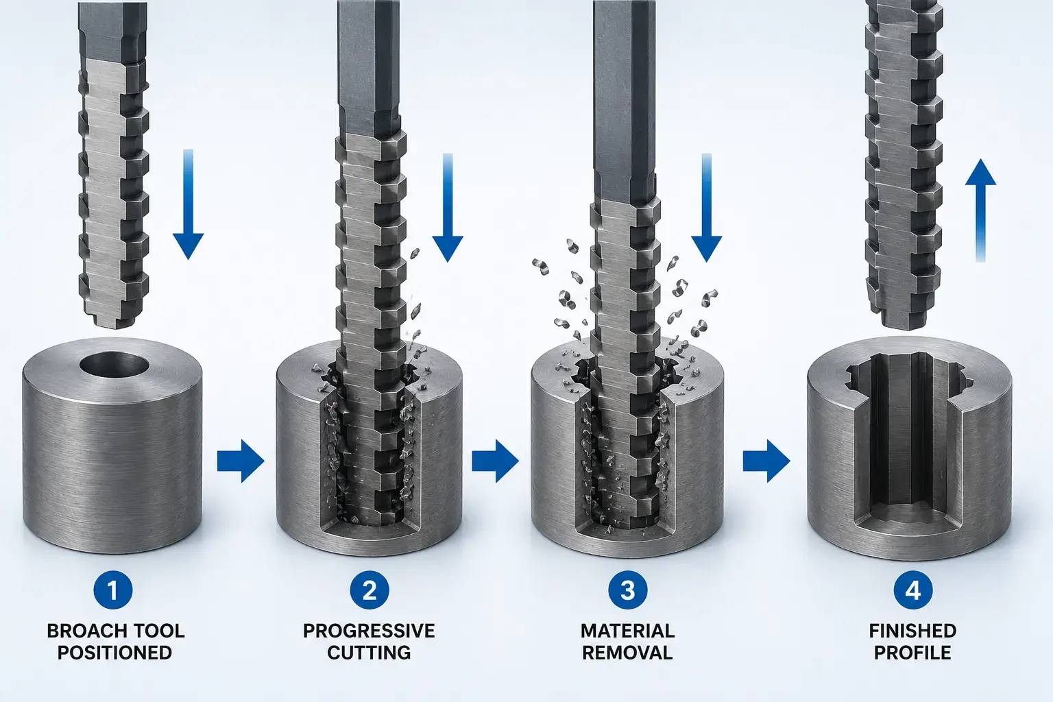 Broaching process step-by-step diagram