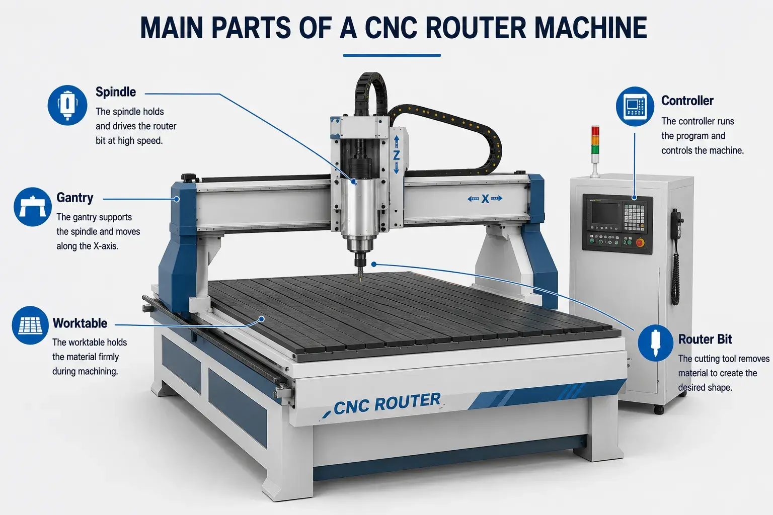 Main parts of a CNC router machine
