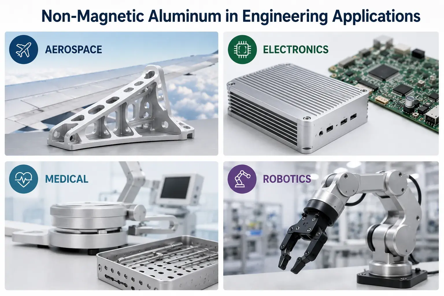 Non-magnetic aluminum in engineering fields