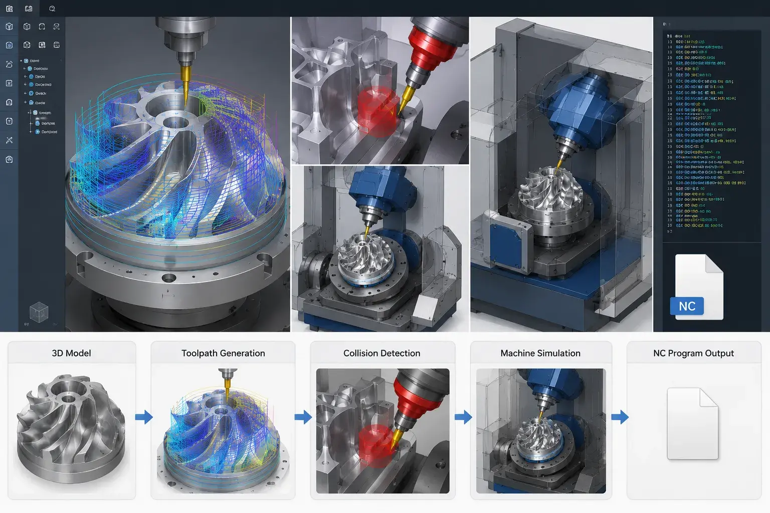5-axis CAM software showing toolpath generation, collision detection, and machine simulation
