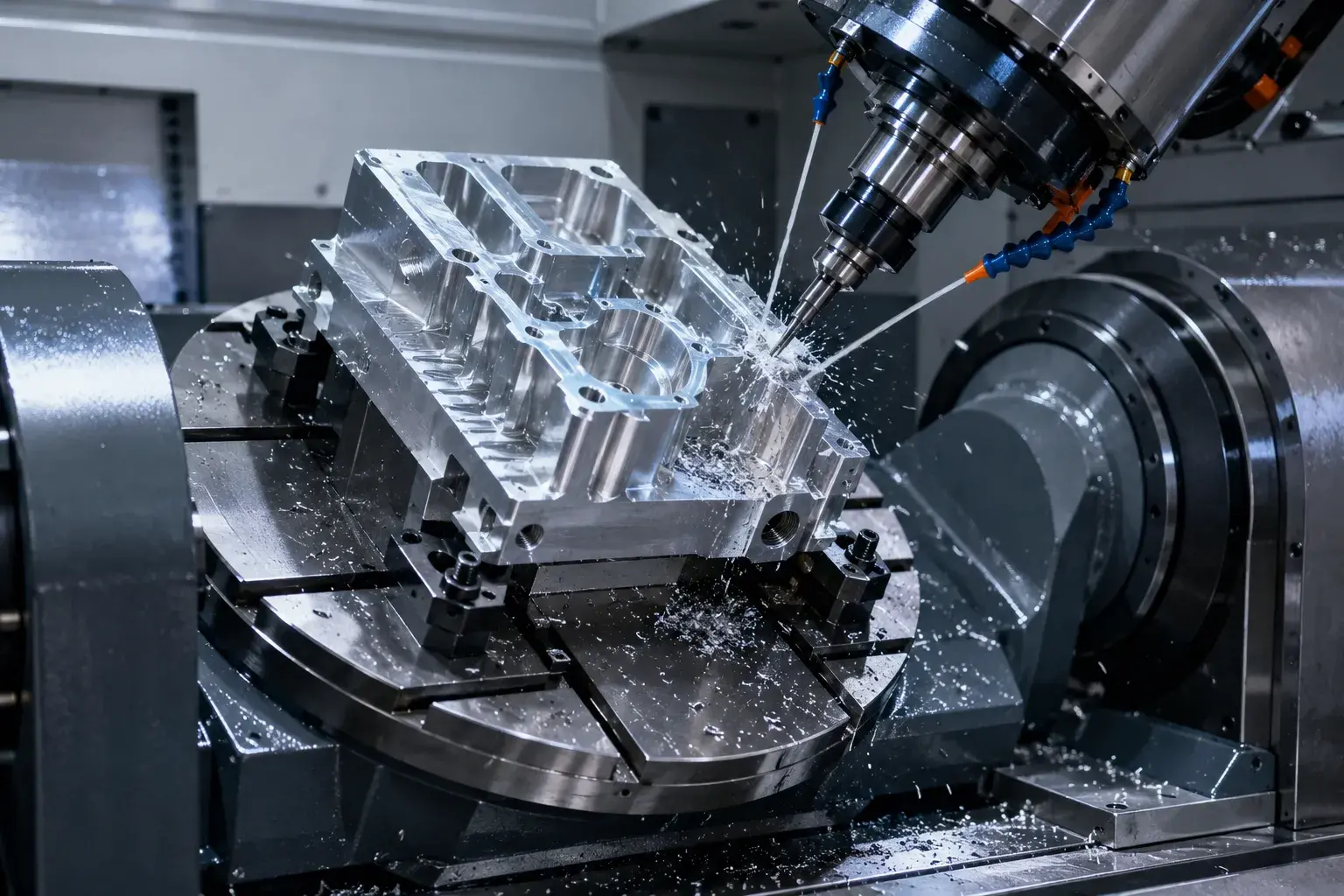 5-axis CNC machine cutting a complex aluminum part