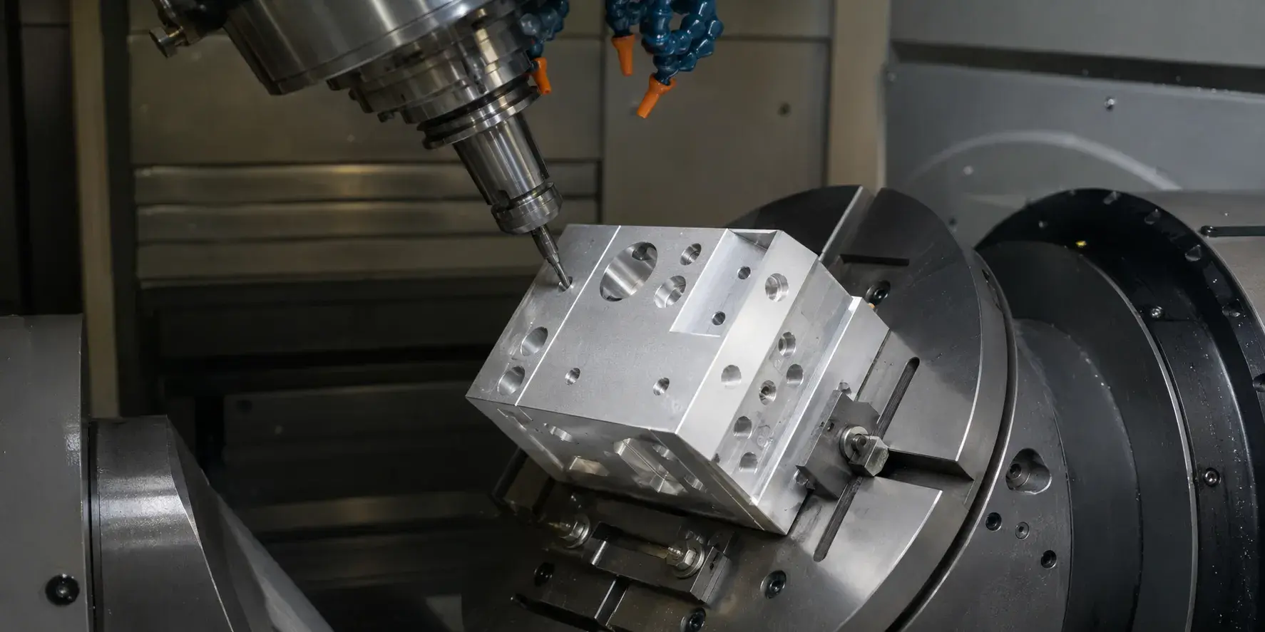 5-axis CNC machining angled holes in aluminum block