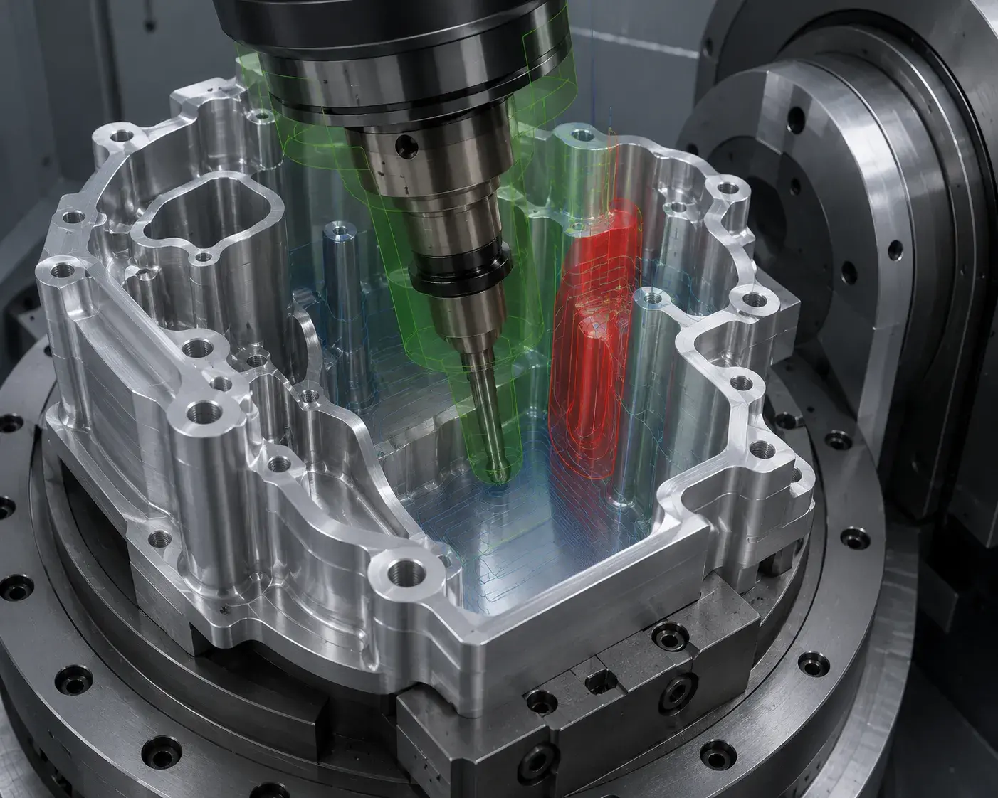 5-axis CNC machining software optimizing toolpaths for complex curved aluminum components