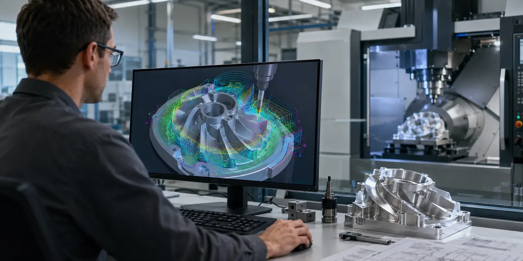 5-axis CNC programming with CAM toolpaths for complex aluminum part