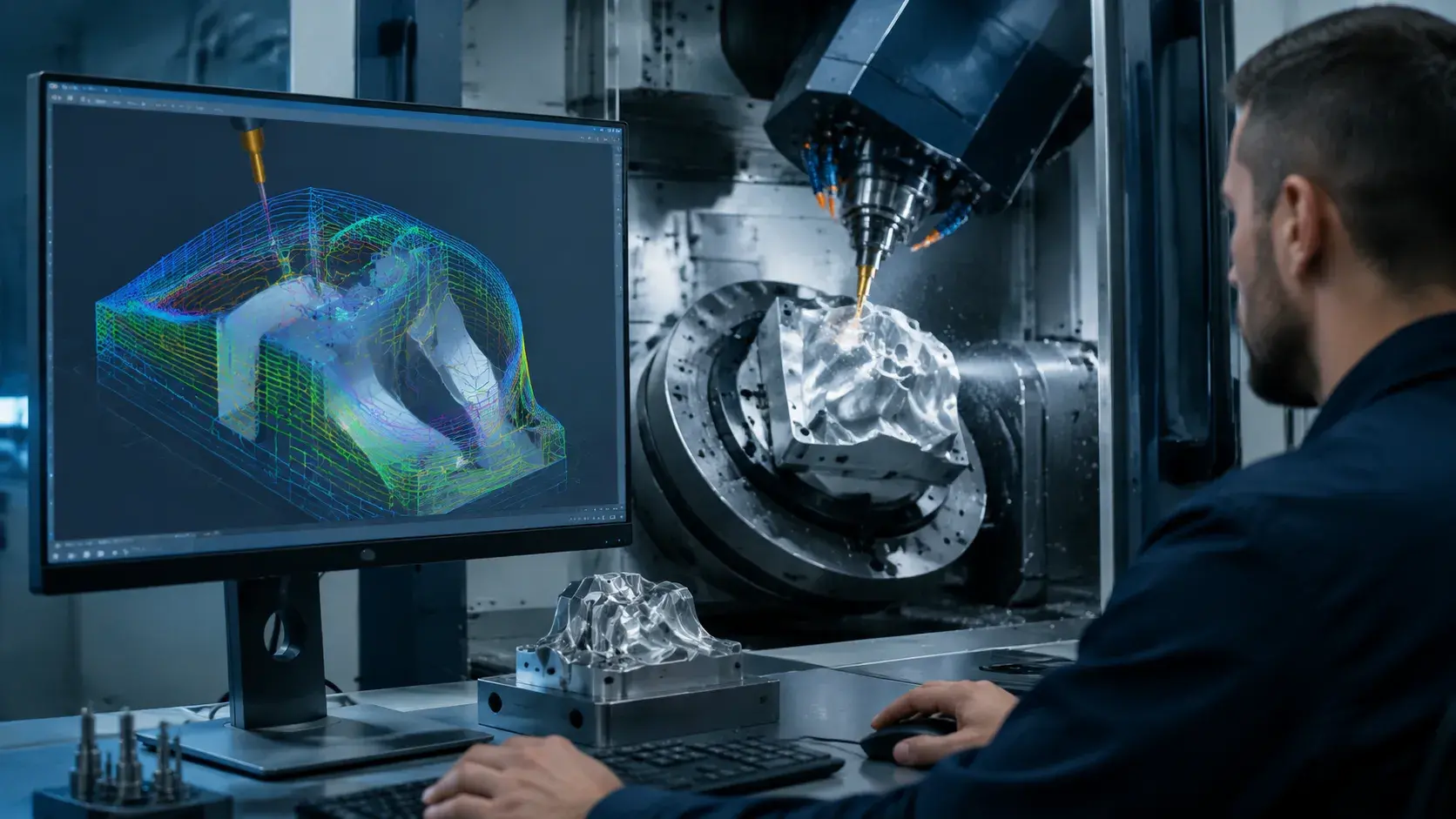 5-axis CNC programming software creating multi-axis toolpaths for complex machining
