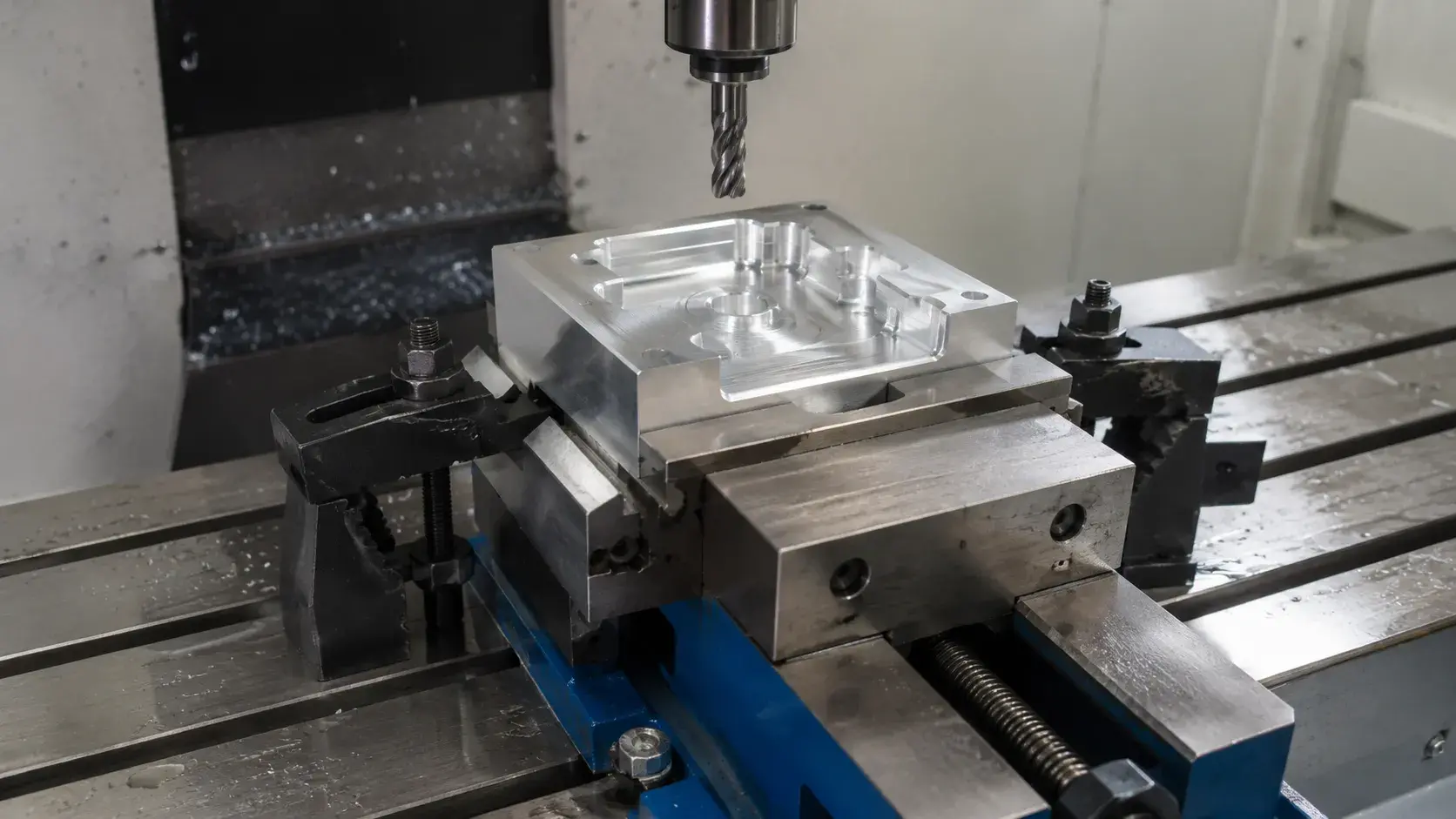 Aluminum workpiece clamped securely in a CNC milling vise