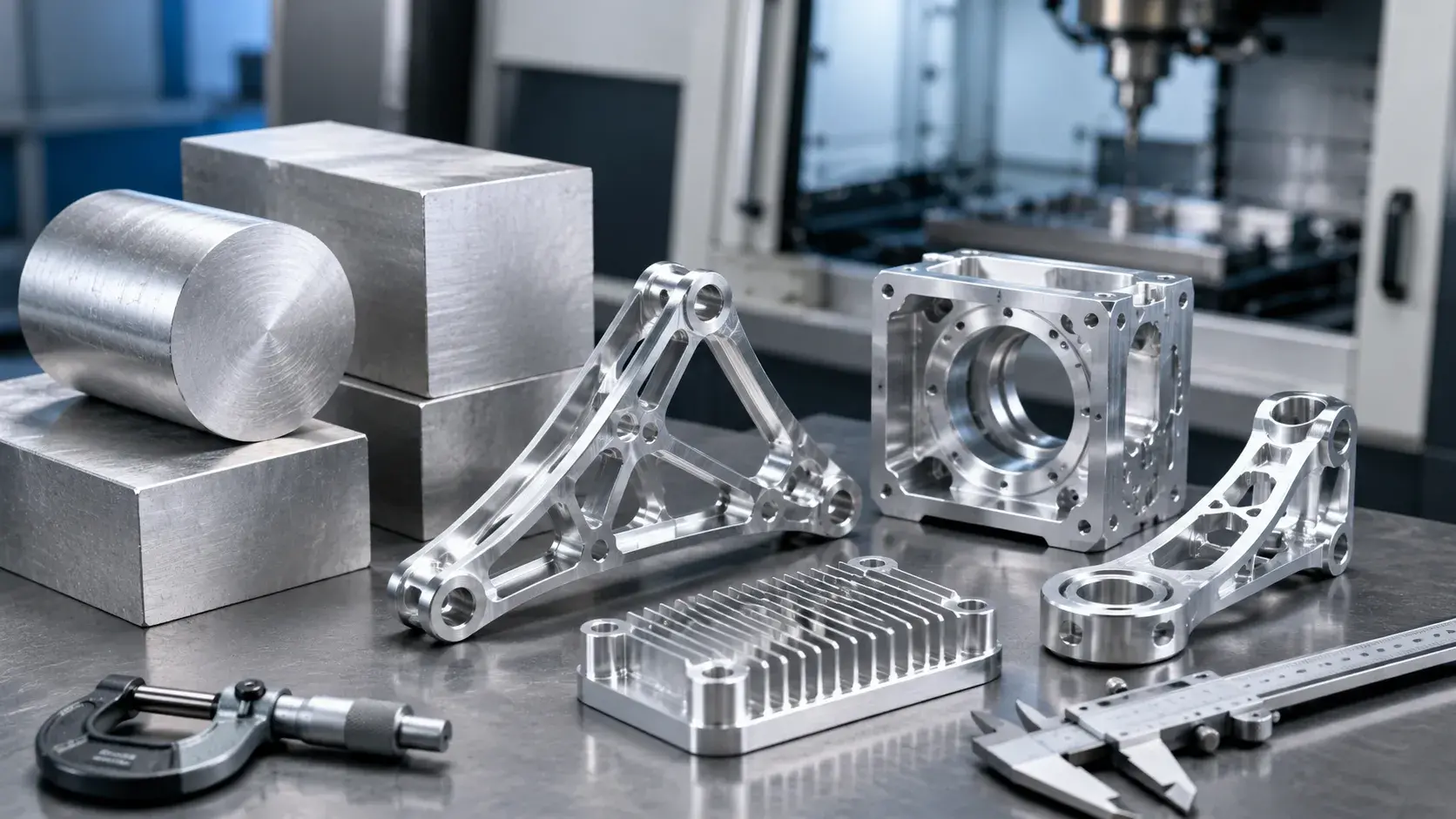 CNC machined aluminum parts and raw aluminum material in a precision manufacturing workshop
