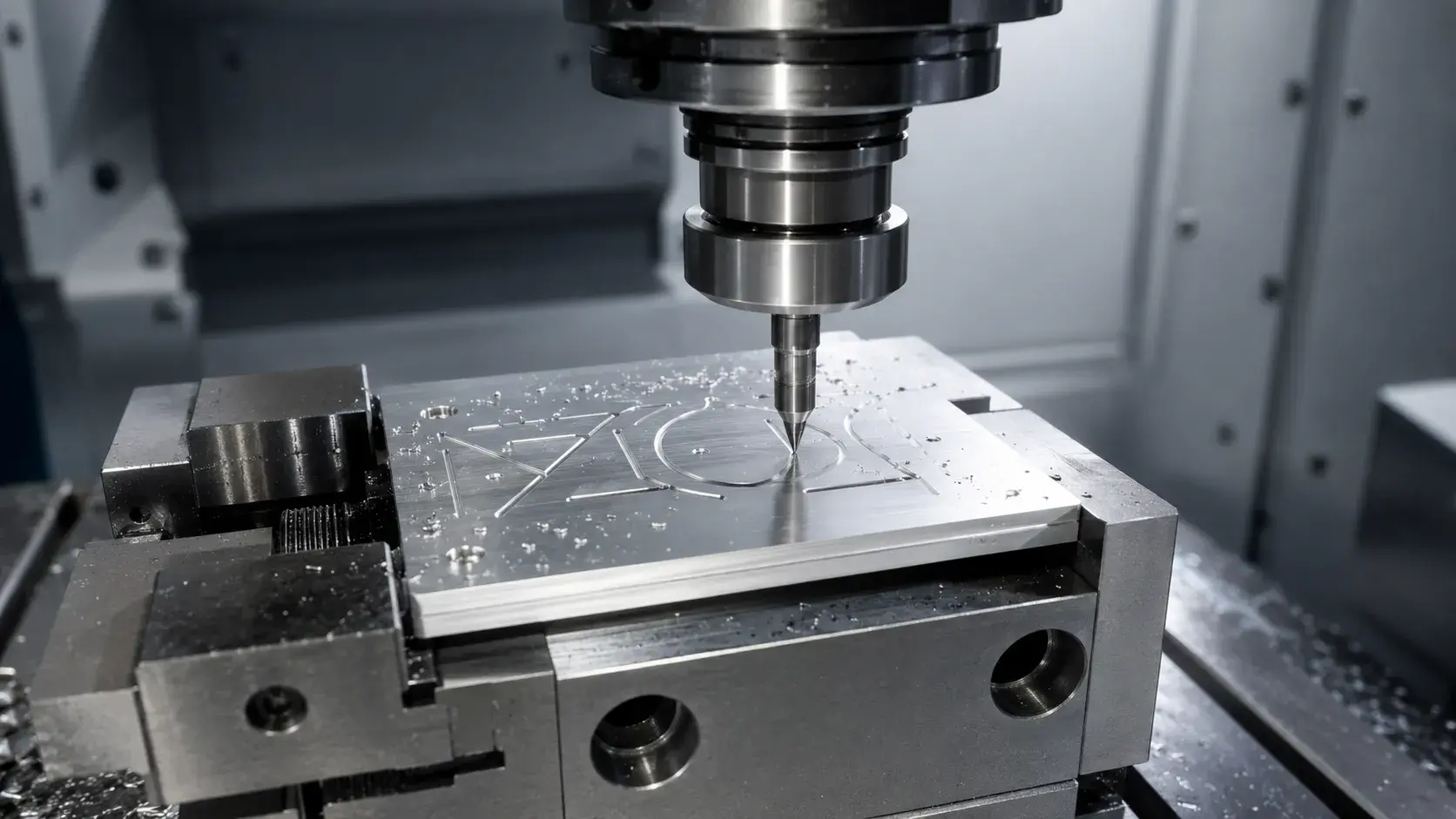 CNC milling machine engraving a precision aluminum part