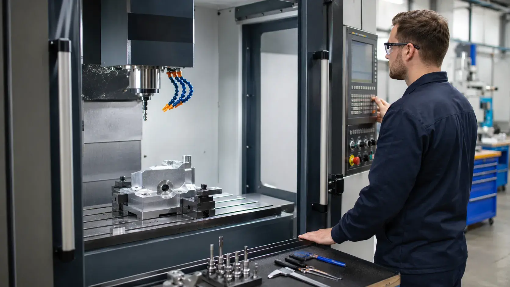 CNC operator setting up a CNC milling machine in a modern workshop