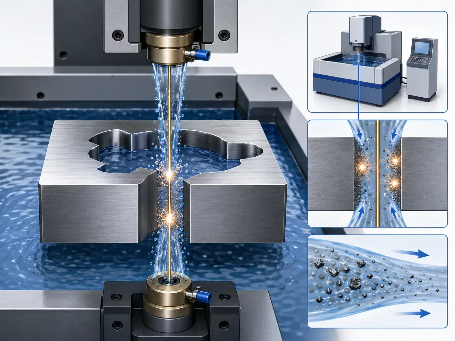 CNC wire EDM machine cutting a metal workpiece in a precision machining workshop