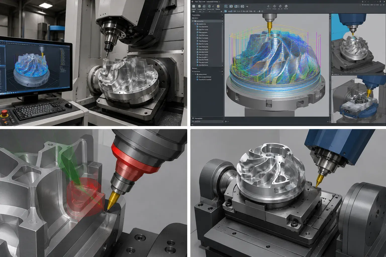 Collision detection in 5-axis machining software prevents toolholder interference during deep cavity machining
