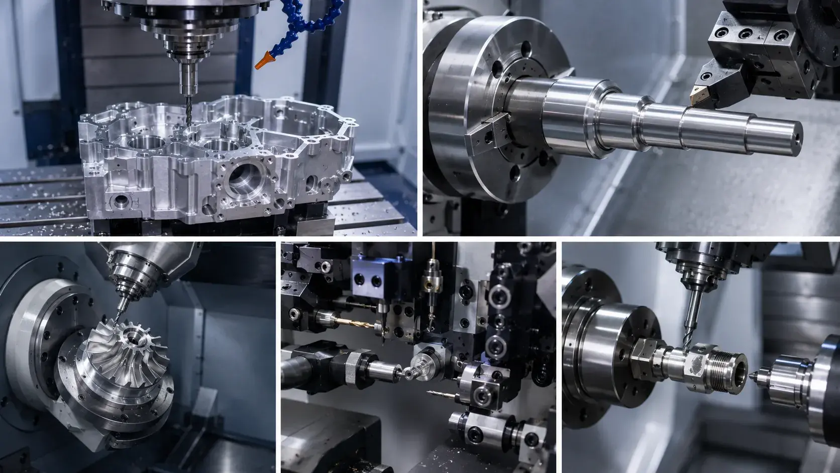 Common CNC machine shop services including milling turning 5-axis Swiss and mill-turn machining