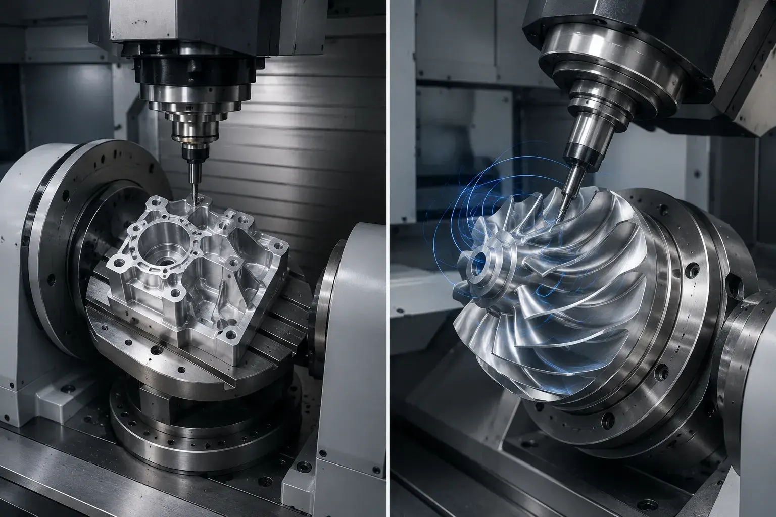 Comparison of 3+2 axis machining and simultaneous 5 axis machining on a complex aluminum part