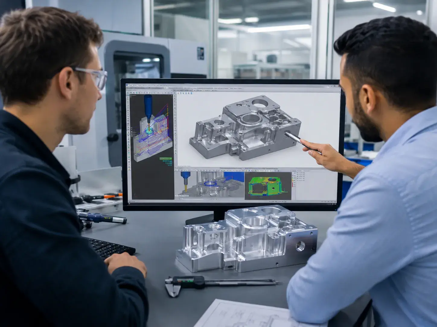 DFM review for complex CNC machined aluminum part using CAD CAM software