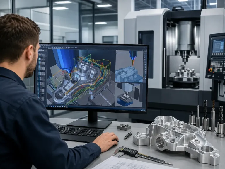 Engineer reviewing a CAD model for 5-axis CNC machining design and DFM analysis Engineer reviewing a CAD model for 5-axis CNC machining design and DFM analysis