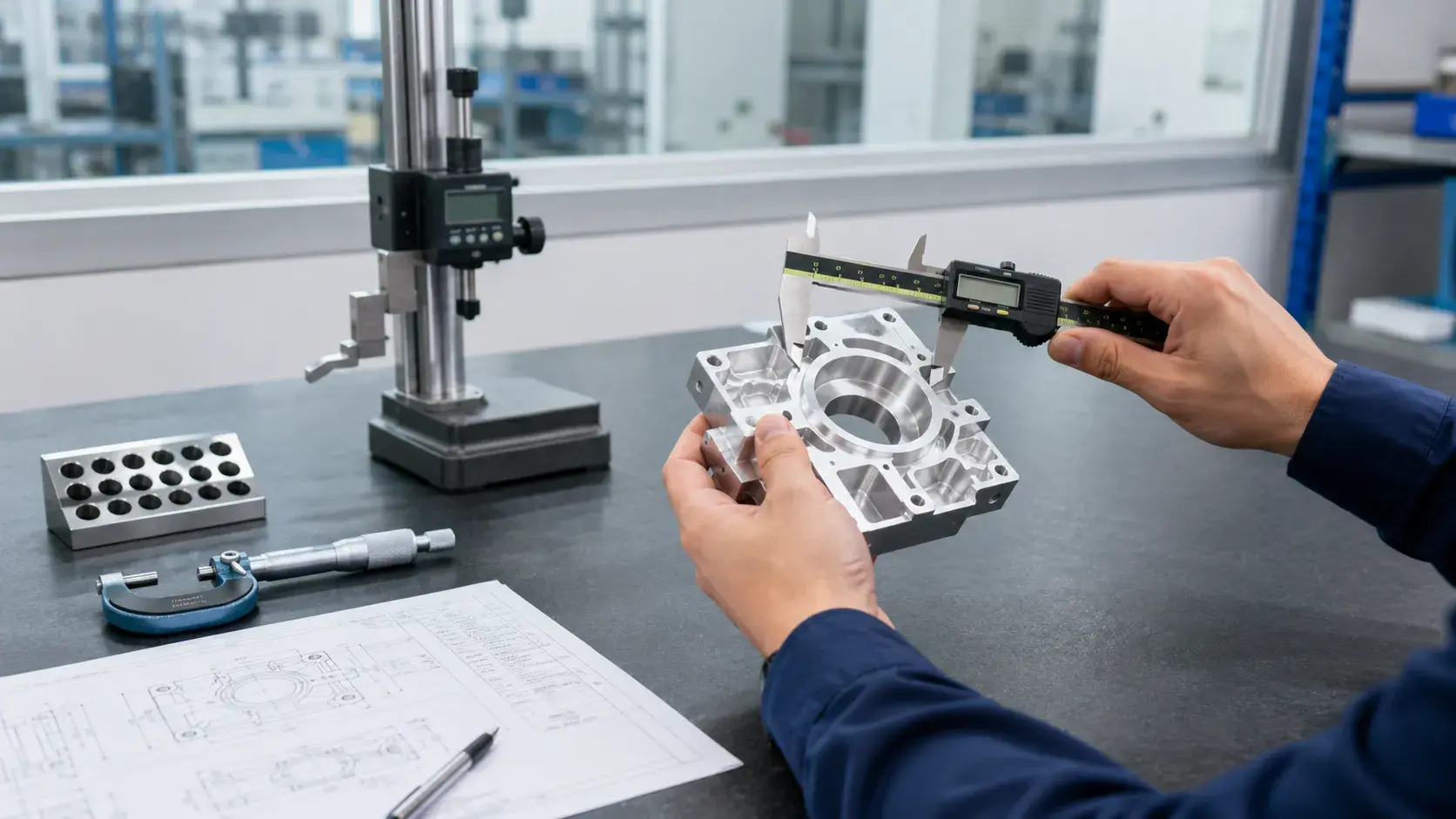 Finished CNC machined part inspected with digital calipers