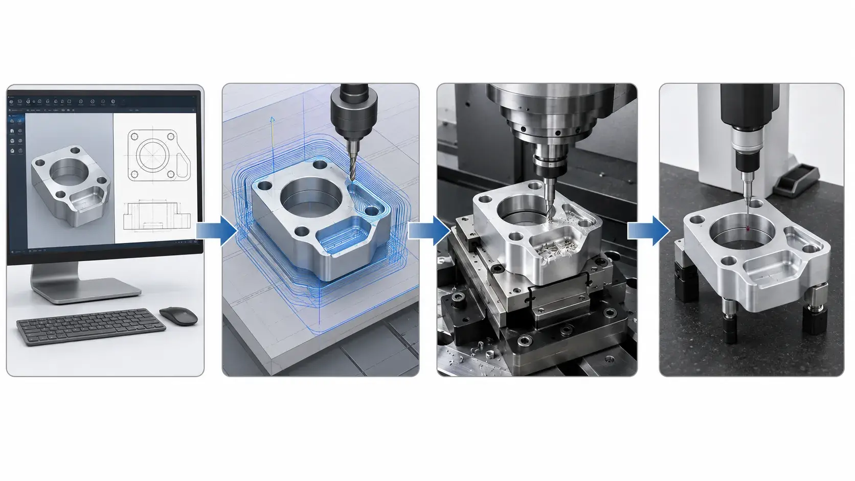 Identical precision CNC machined parts prepared for dimensional inspection