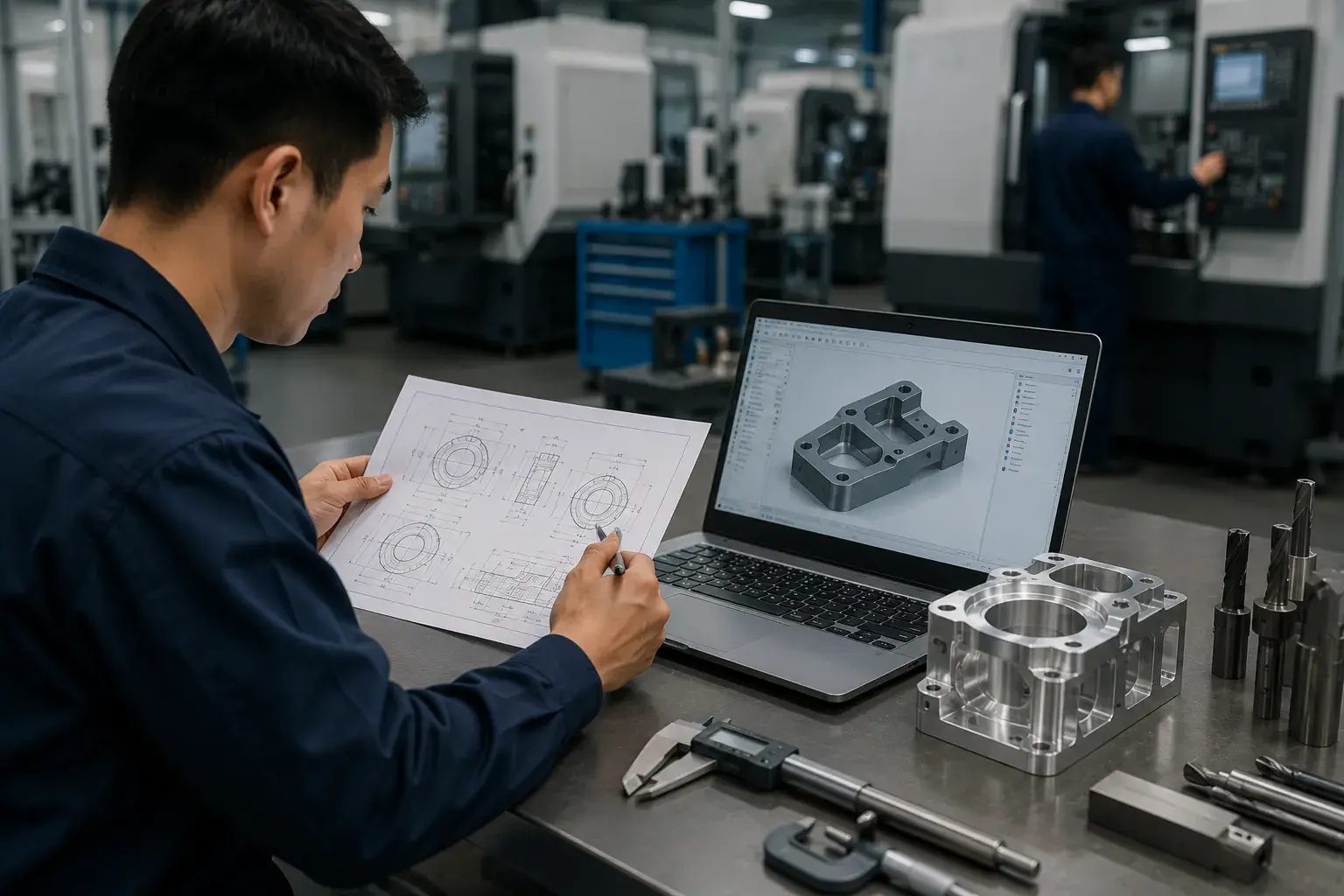 Manufacturing engineer reviewing CNC part drawing and CAD model