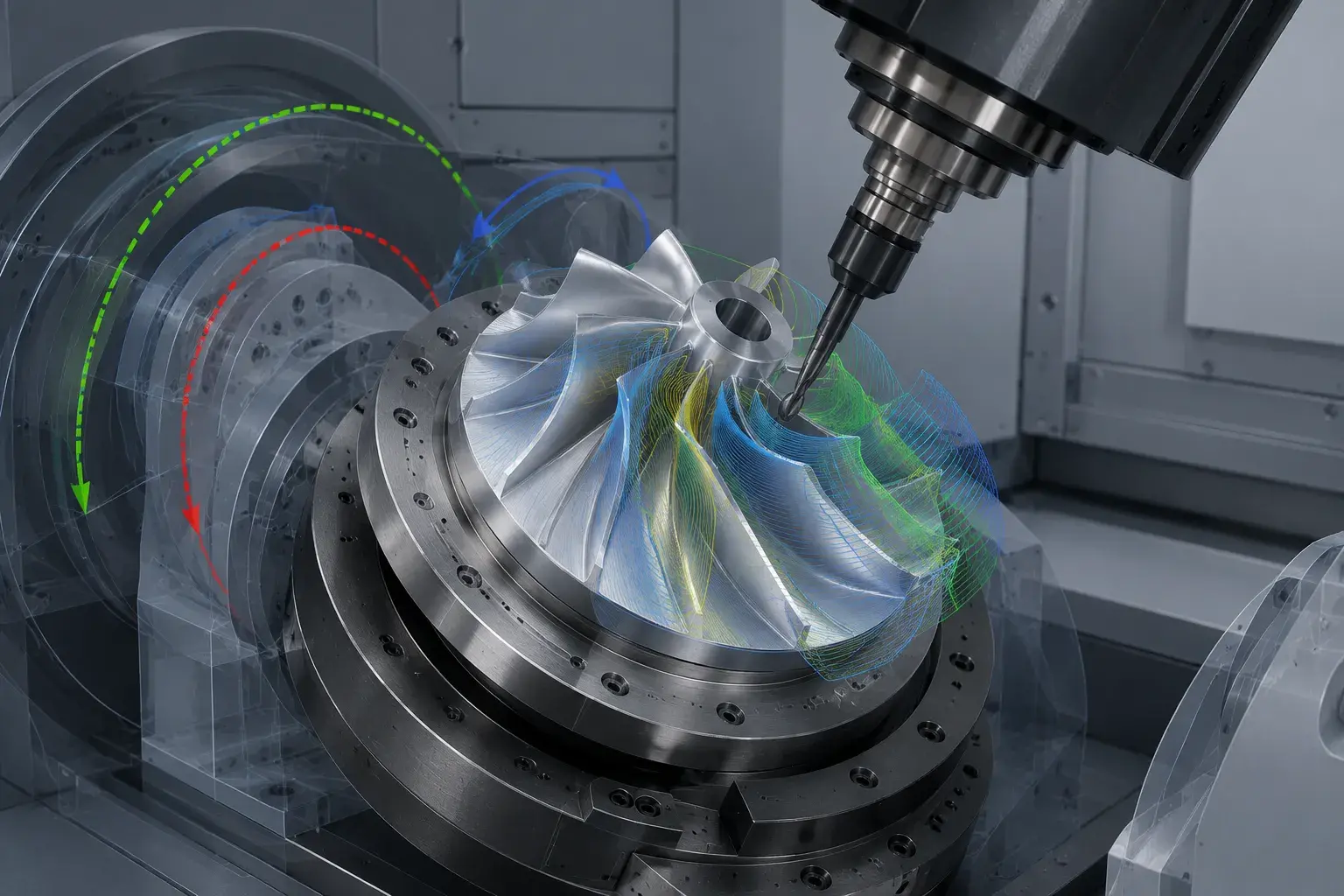 Simultaneous 5 axis machining with continuous tool orientation on a complex curved part