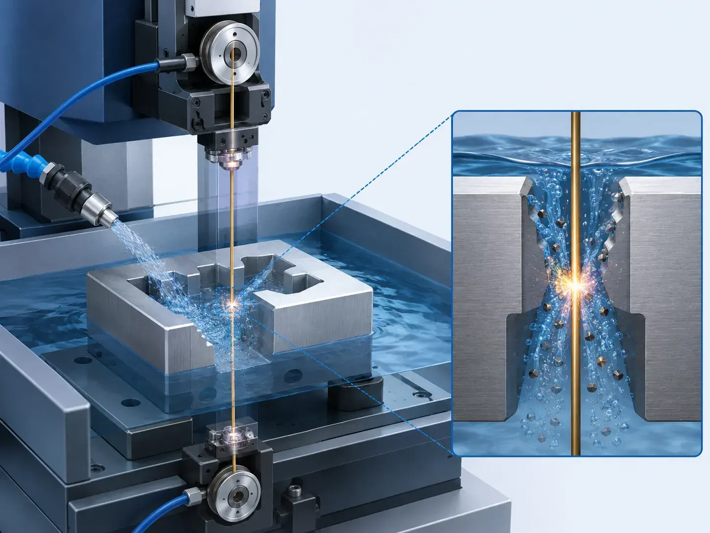 Technical illustration showing how CNC wire cutting works with wire electrode and electrical sparks