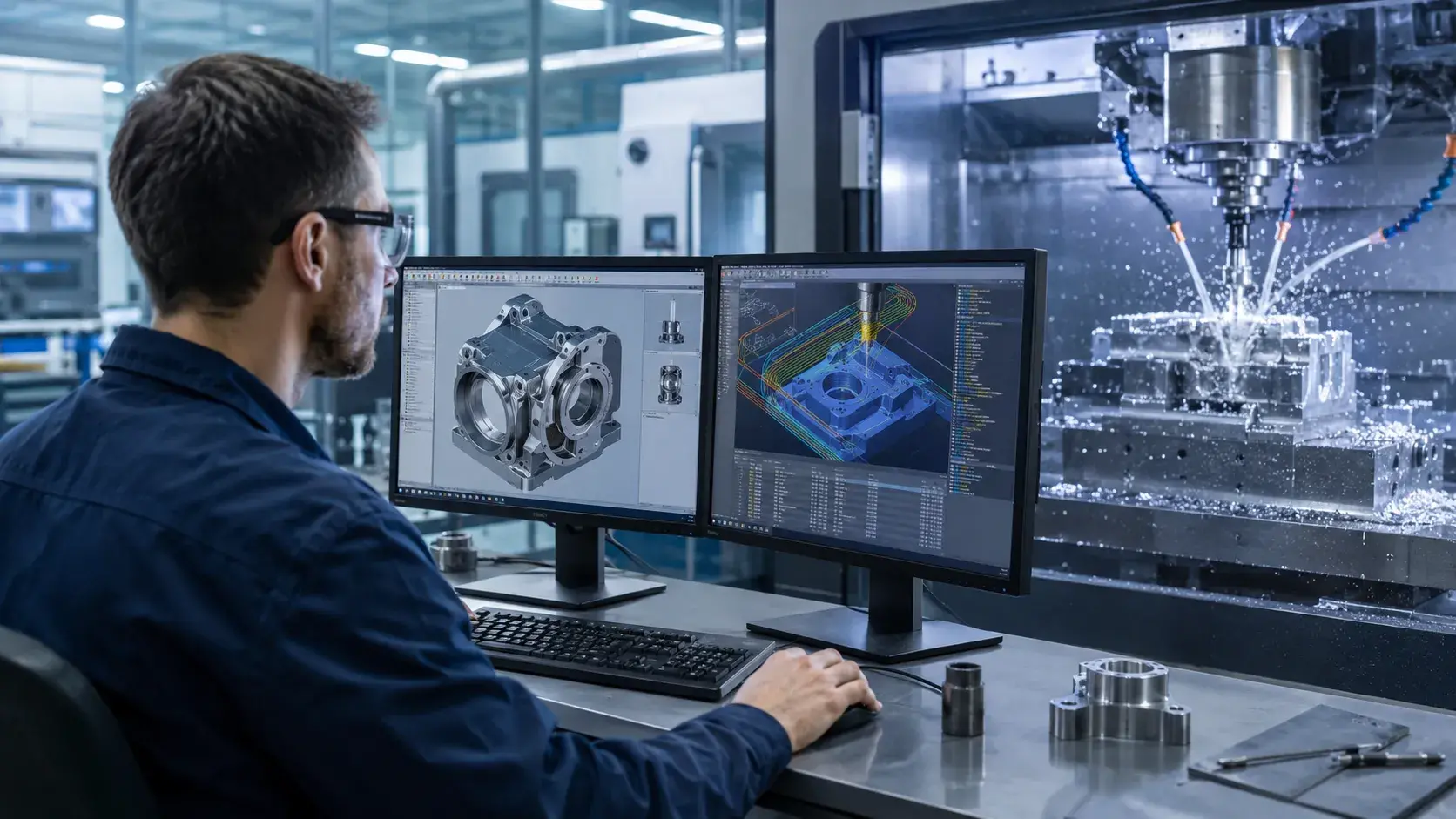 CNC machining software workflow showing CAD CAM programming, toolpath simulation, and CNC manufacturing process