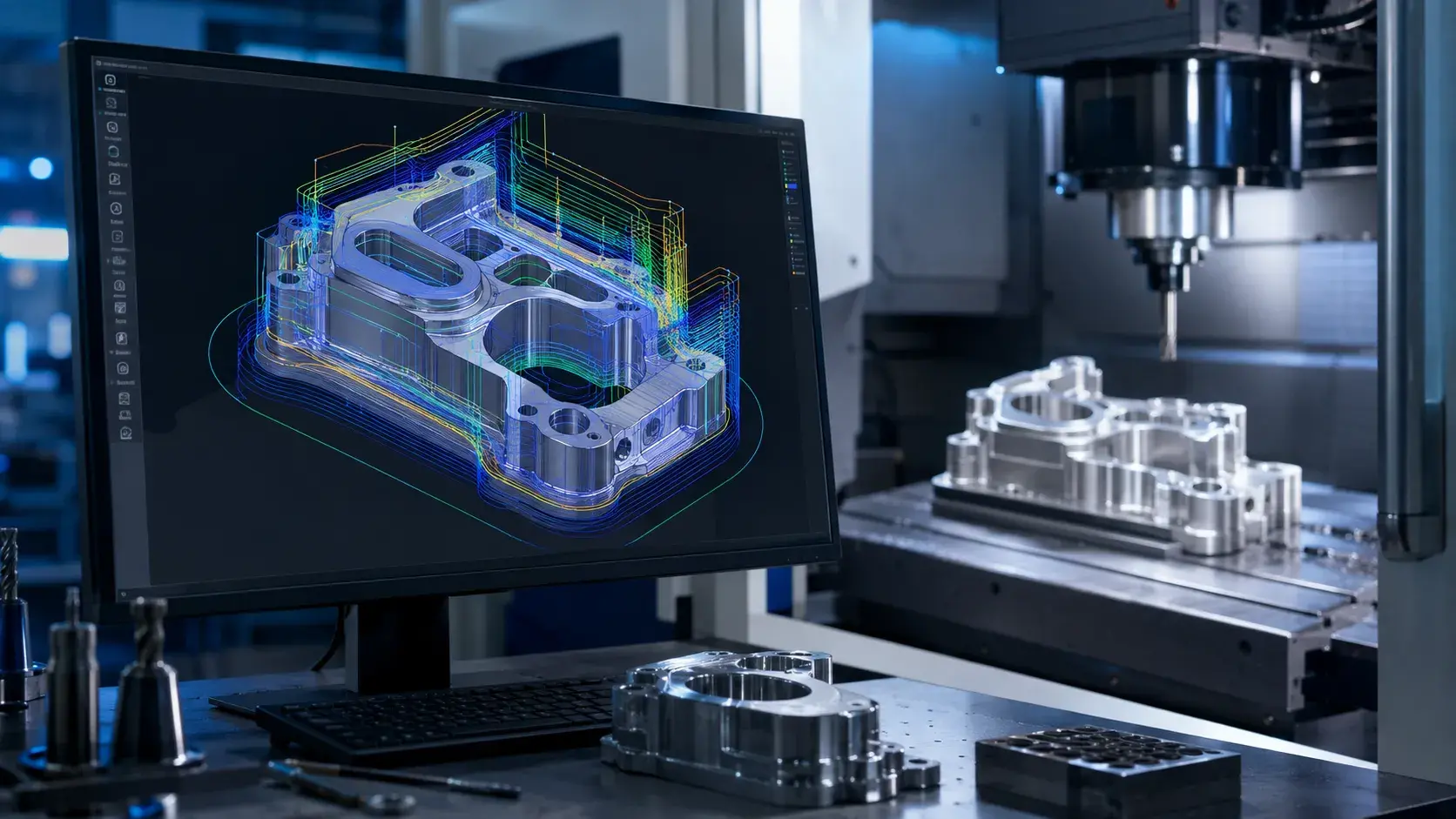 CNC machining software generating optimized toolpaths for precision manufacturing