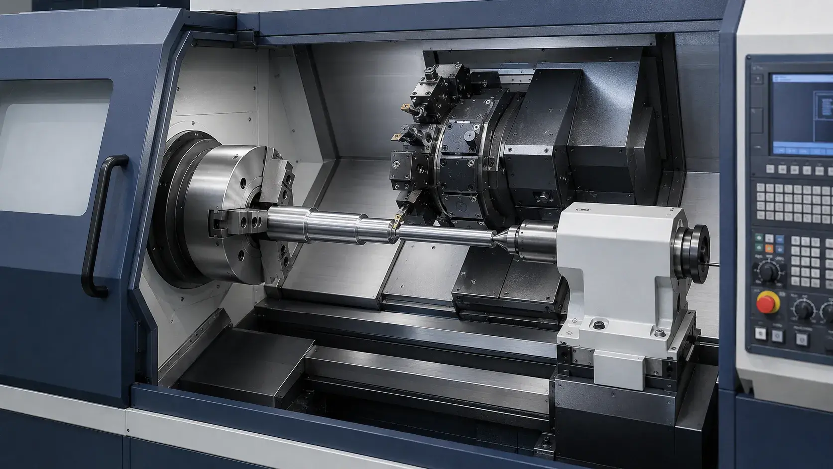CNC turning center components including spindle chuck turret and tooling system