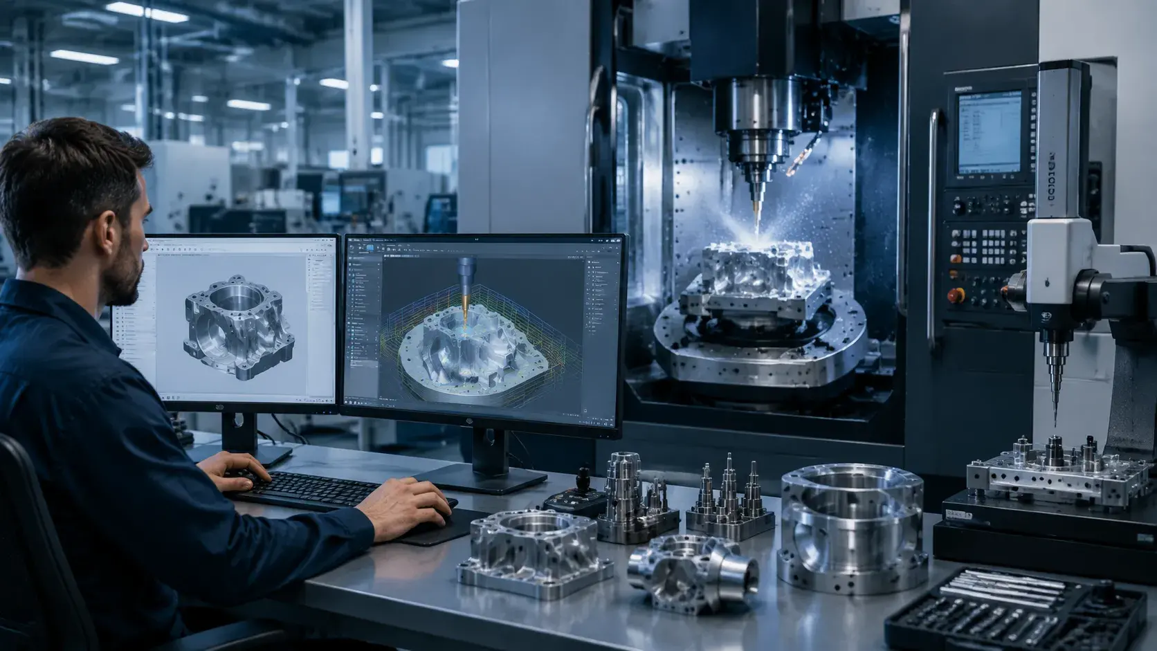 Digital CNC manufacturing workflow combining software, engineers, and precision machining equipment
