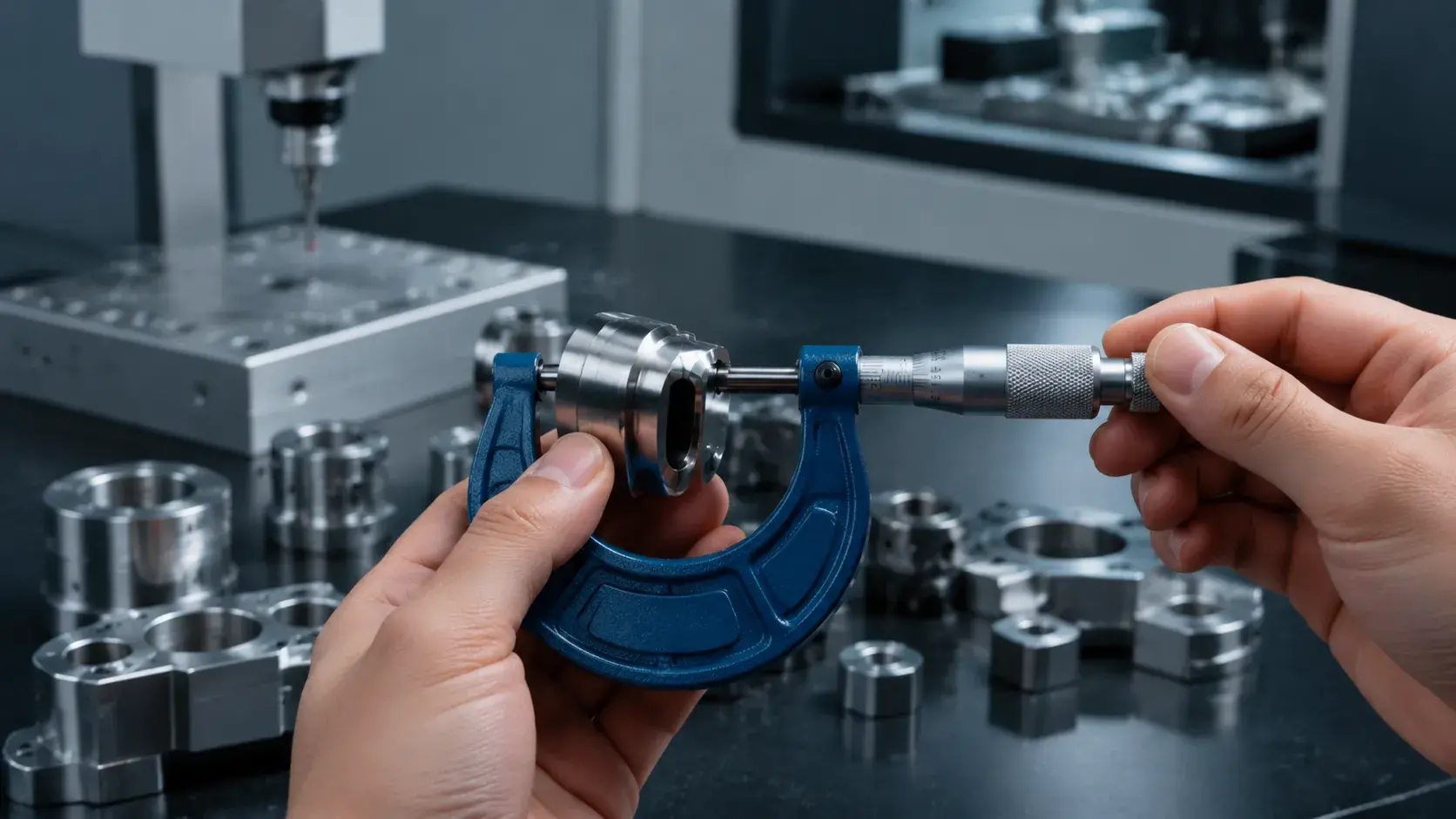 Engineer using a micrometer for CNC machining inspection