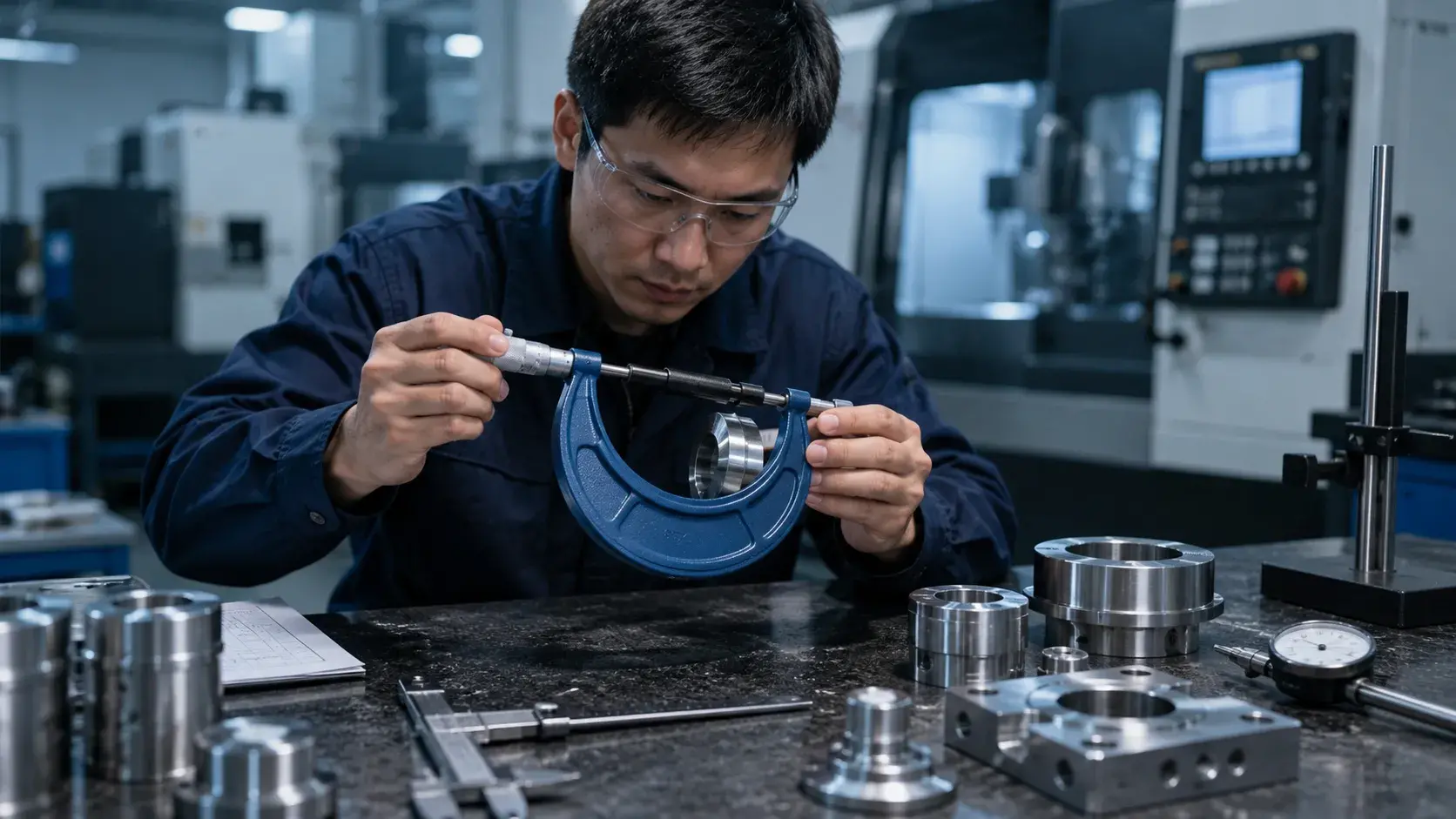 Engineer using a micrometer for CNC machining inspection