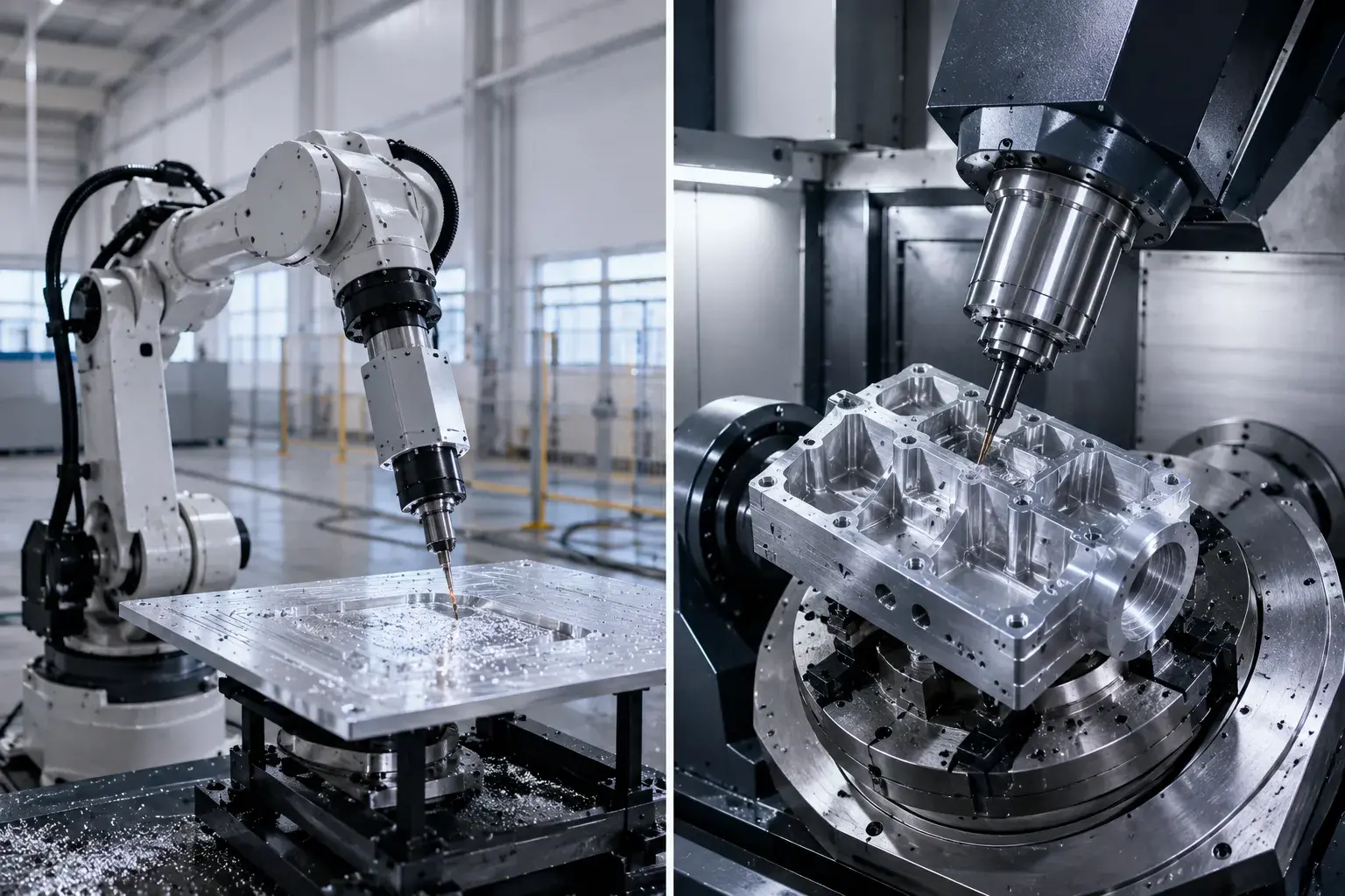 robotic arm milling aluminum compared with 5-axis CNC machining