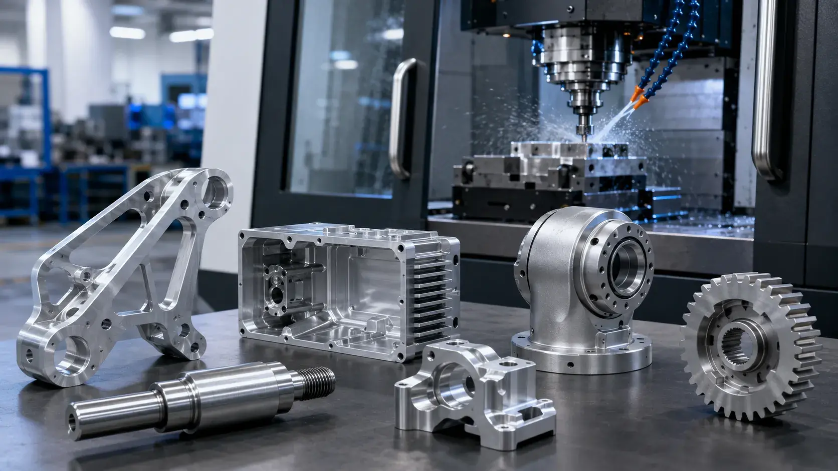 Examples of CNC machined parts made with a CNC machine including metal brackets, housings, shafts, and industrial components
