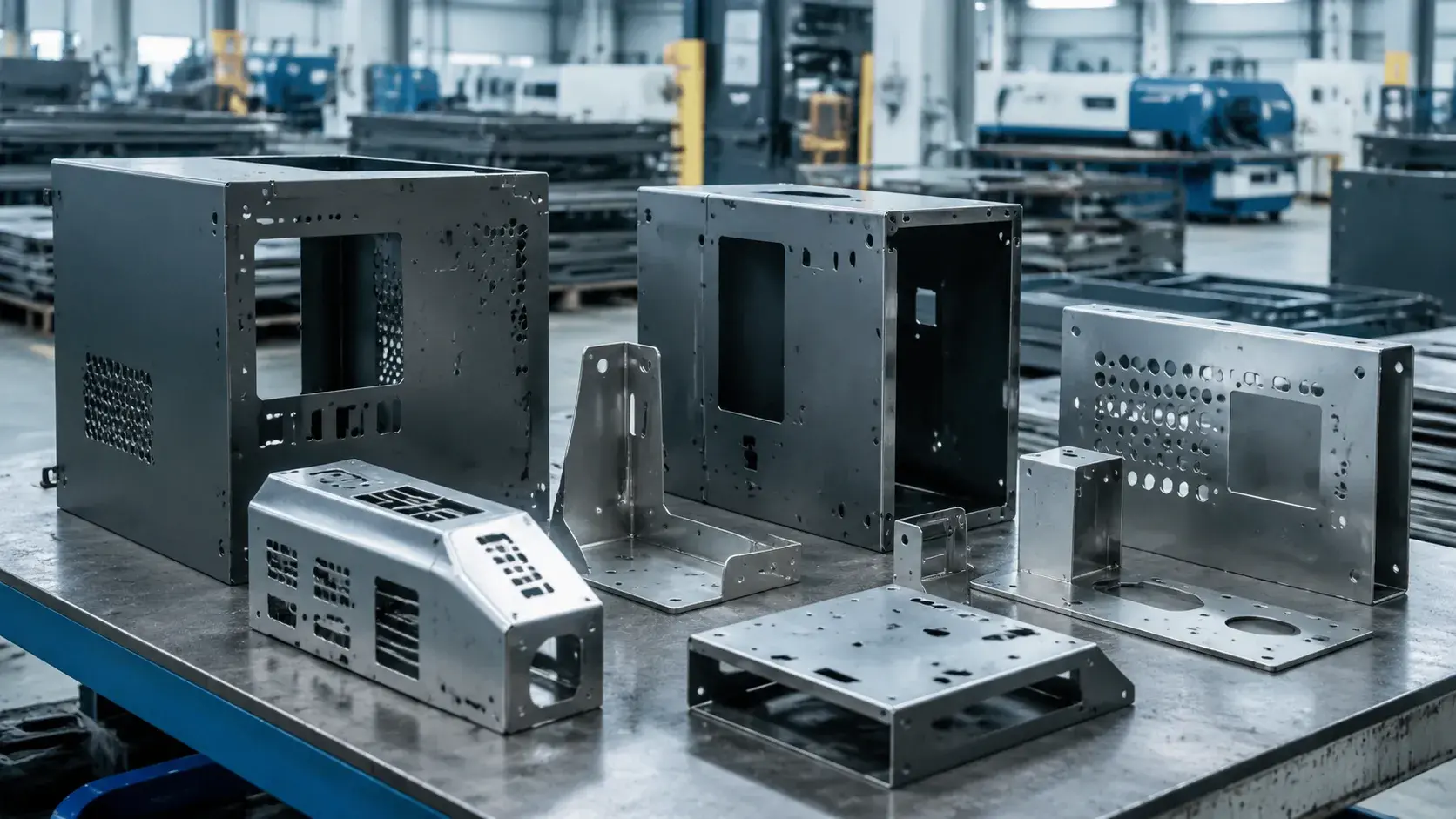 Industrial steel components made from 14 gauge steel including brackets and enclosures