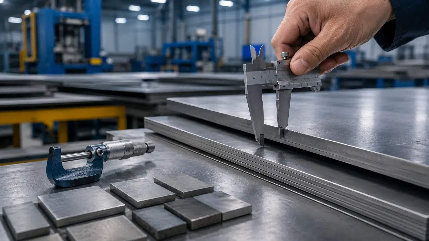 14 gauge steel thickness measurement showing steel sheet and precision measurement tools
