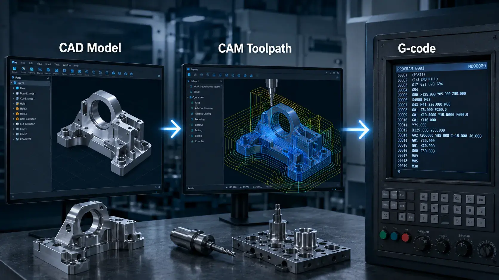 CAD model to CAM toolpath and G-code workflow