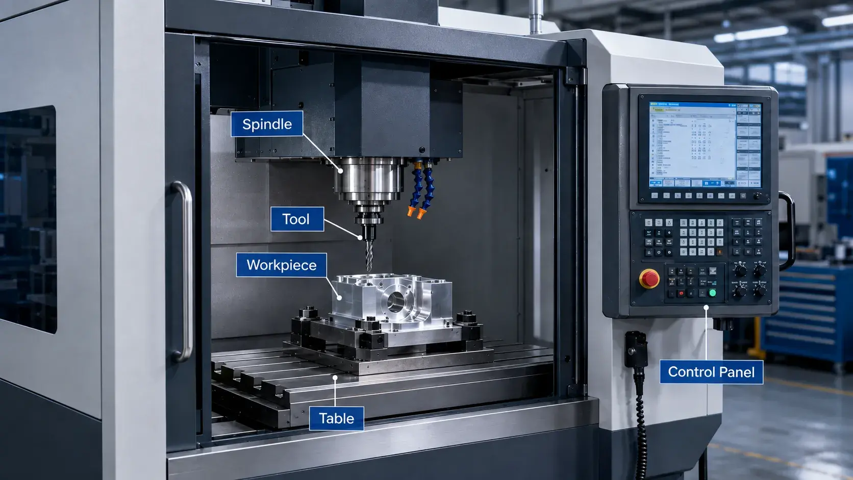 CNC machine parts and control panel
